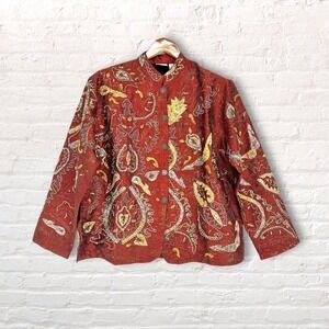VTG‎ Chico's Silk Beaded Jacket Sz 2 (L) Rust Embroidery Paisley Art to Wear 90s